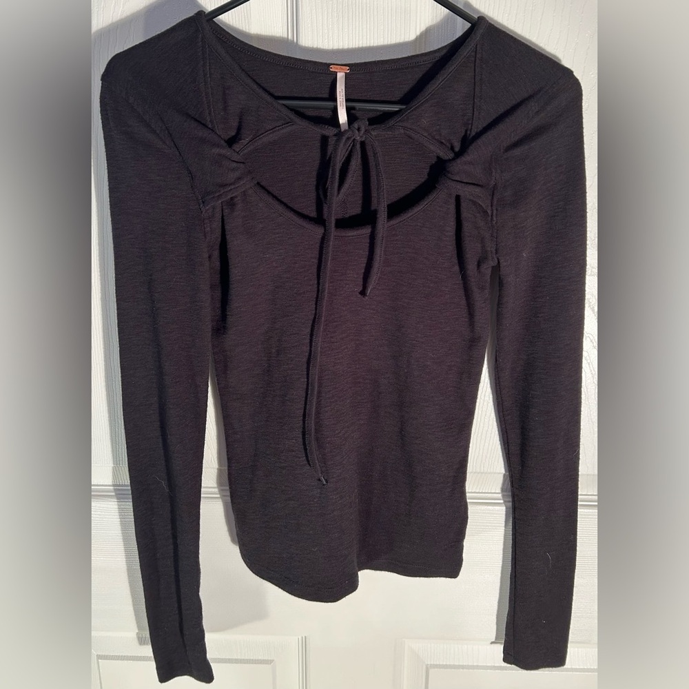 Free People Top Black Ling Sleeve Round Neck with Ties Knitted XS